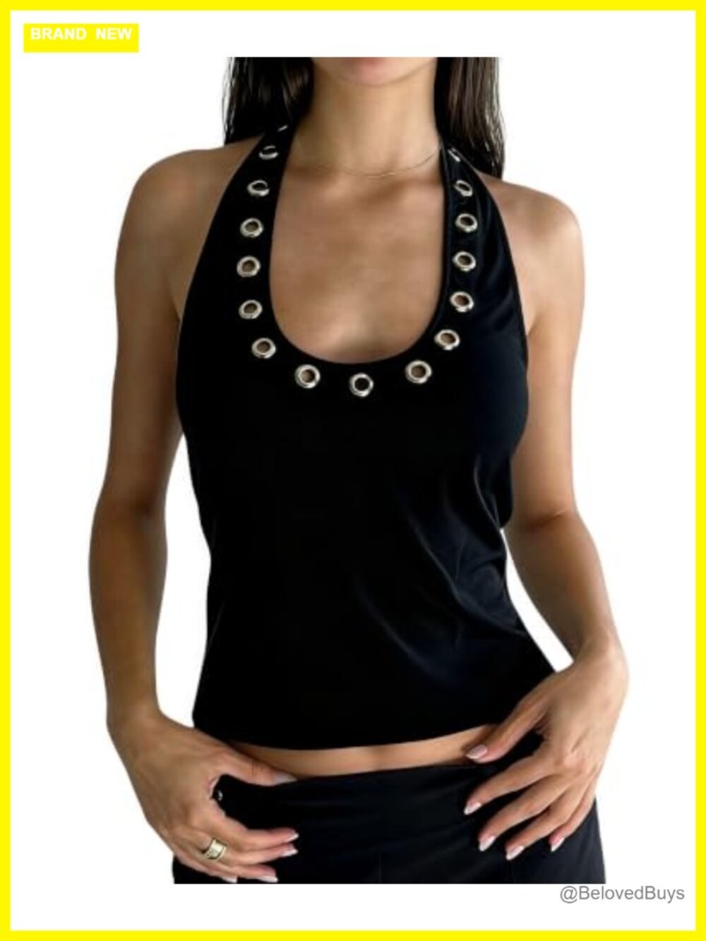 Women Studded Halter Top Open Back V Neck Grommet Y2K Club Party Top